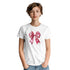 White cotton-blend women's T-shirt with a pink bow graphic on the chest.
