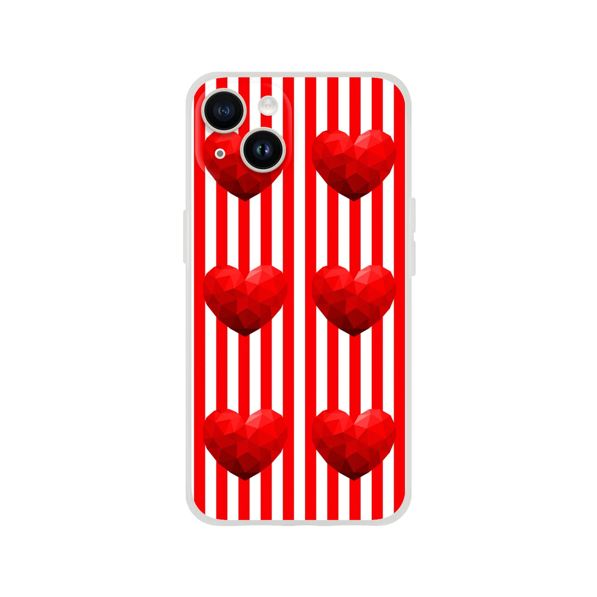 Red Stripe Heart iPhone case 13-16 with bold hearts on vertical red and white stripes, cute romantic aesthetic.