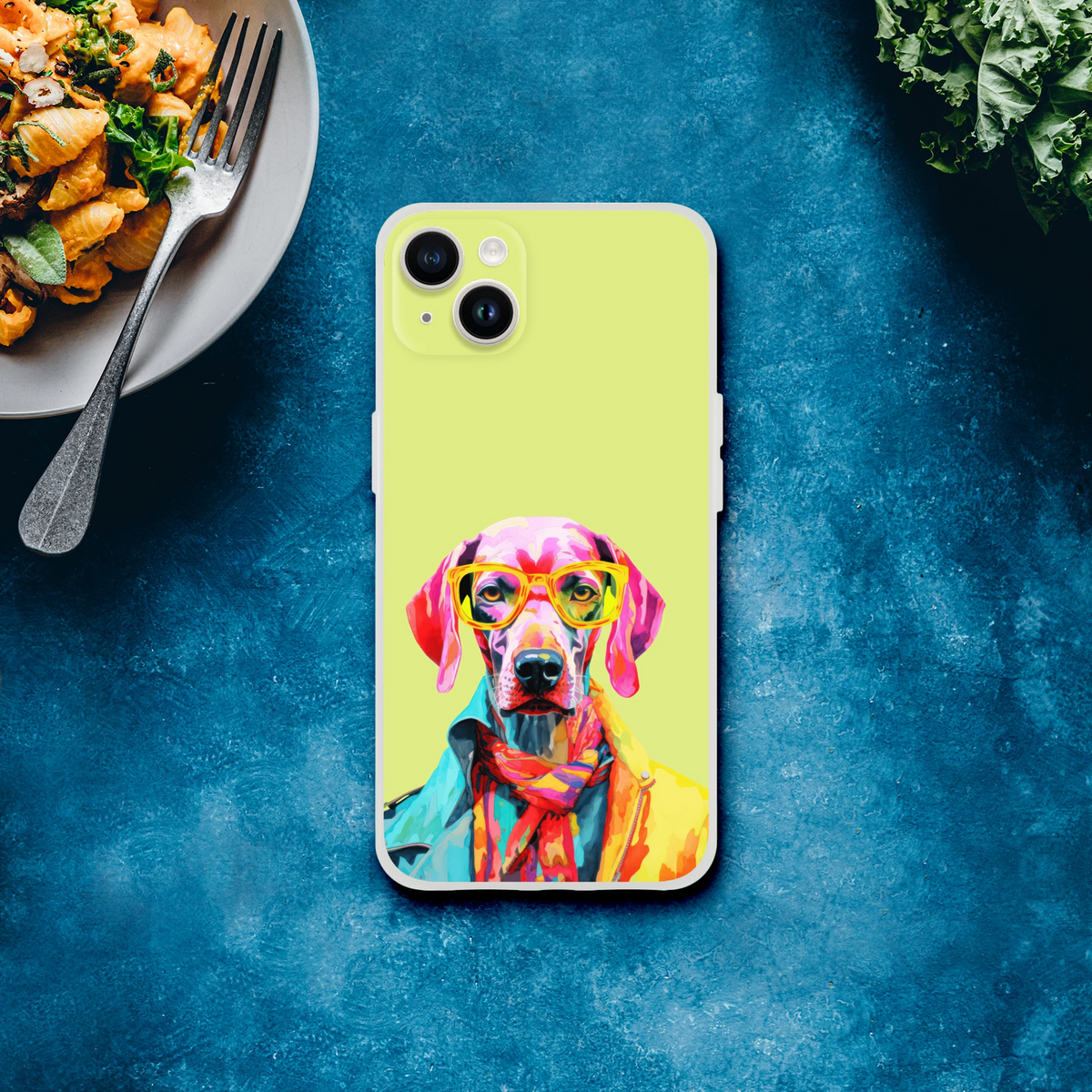 Funny Dog iPhone Case for iPhone 13–16; lime green, colorful dog portrait wearing sunglasses.
