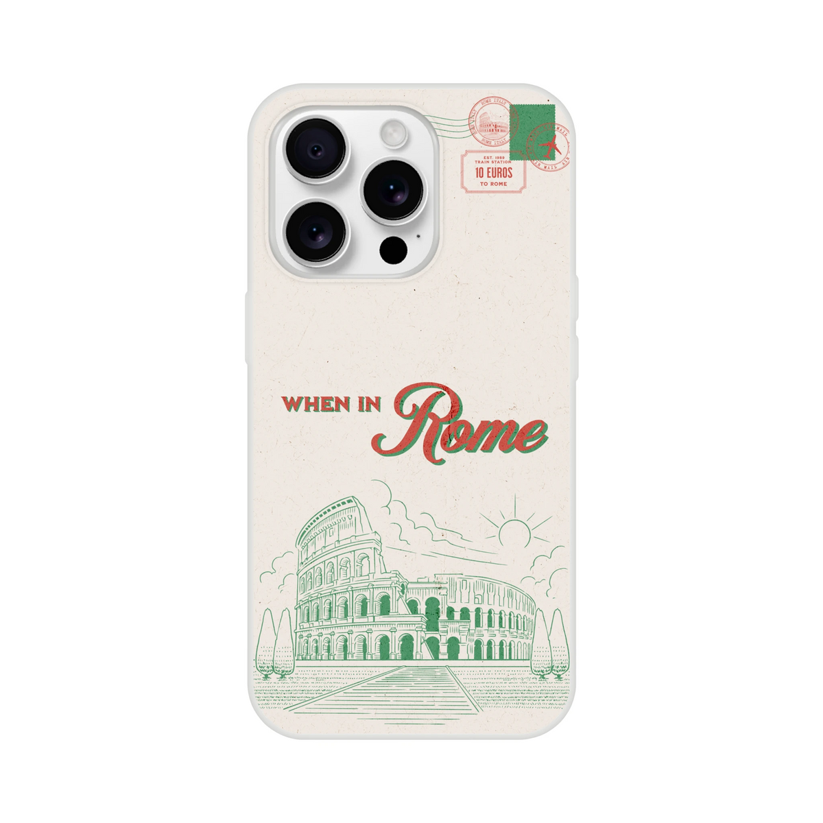Vintage postcard iPhone 13-16 case with Rome landmarks, stamps and retro typography.