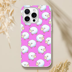 Slim pink iPhone case with a repeating cute white sheep pattern on a matte finish.