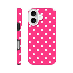 Hot pink and white polka dot tough iPhone case with dual-layer shock-absorbing protection and raised camera guard.