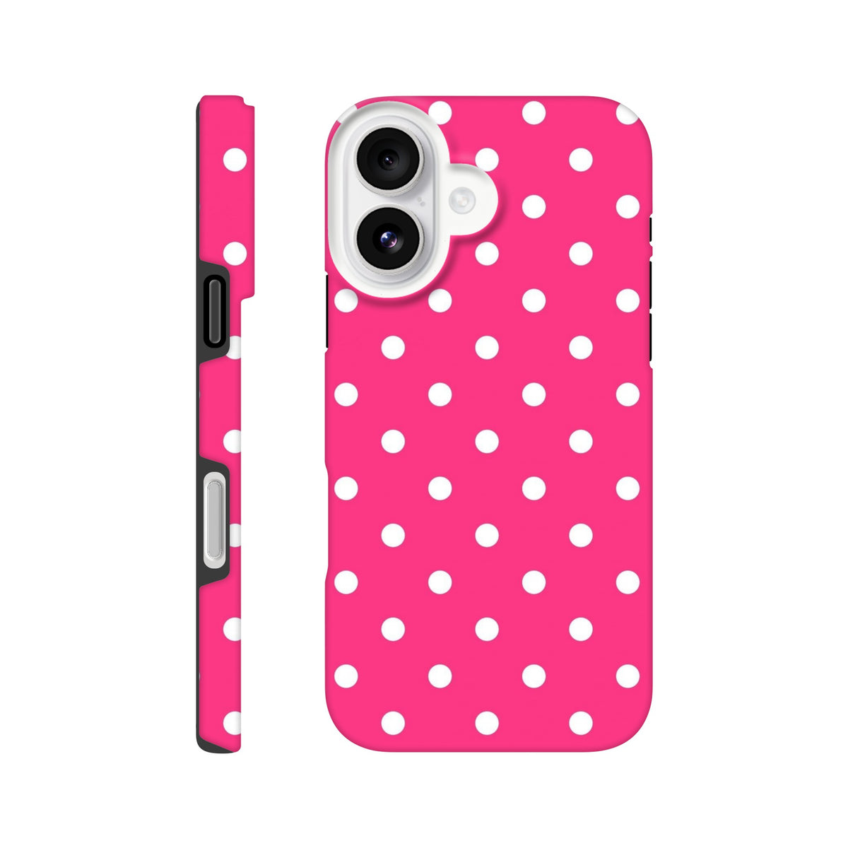 Hot pink and white polka dot tough iPhone case with dual-layer shock-absorbing protection and raised camera guard.