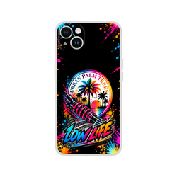 Low Life car culture iPhone case featuring a pink shock absorber, colorful palm trees, and vibrant spray paint splatters on a black background.