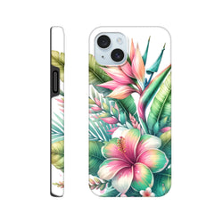 Tropical Hibiscus tough iPhone case featuring vibrant pink flowers and green tropical leaves for impact-resistant protection.