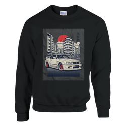 Black sweatshirt featuring a JDM car graphic in a cityscape with a red sun and Japanese kanji.