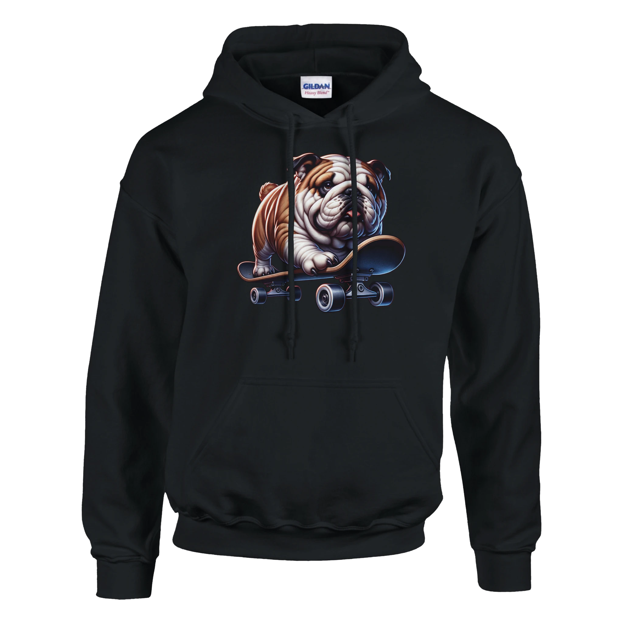 Black men's hoodie with bulldog skating graphic, soft 50/50 cotton-poly blend, front pouch pocket.