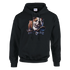 Black men's hoodie with bulldog skating graphic, soft 50/50 cotton-poly blend, front pouch pocket.