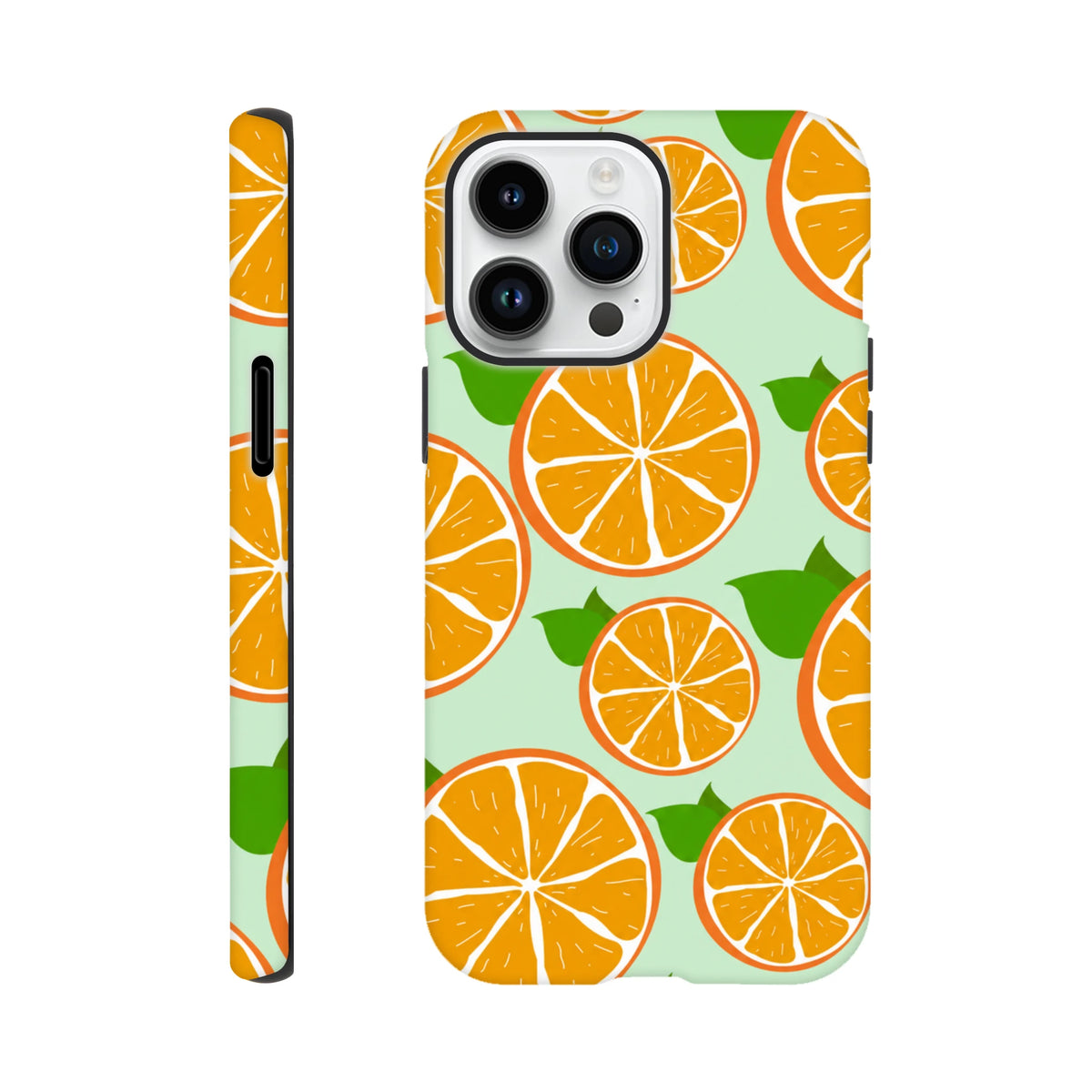 Tough iPhone case featuring a vibrant orange fruit slice and green leaf pattern on a mint background for drop protection.