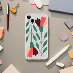 Floral slim protective case for iPhone 13-16; frosted transparent cover with green leaves and colorful petals.