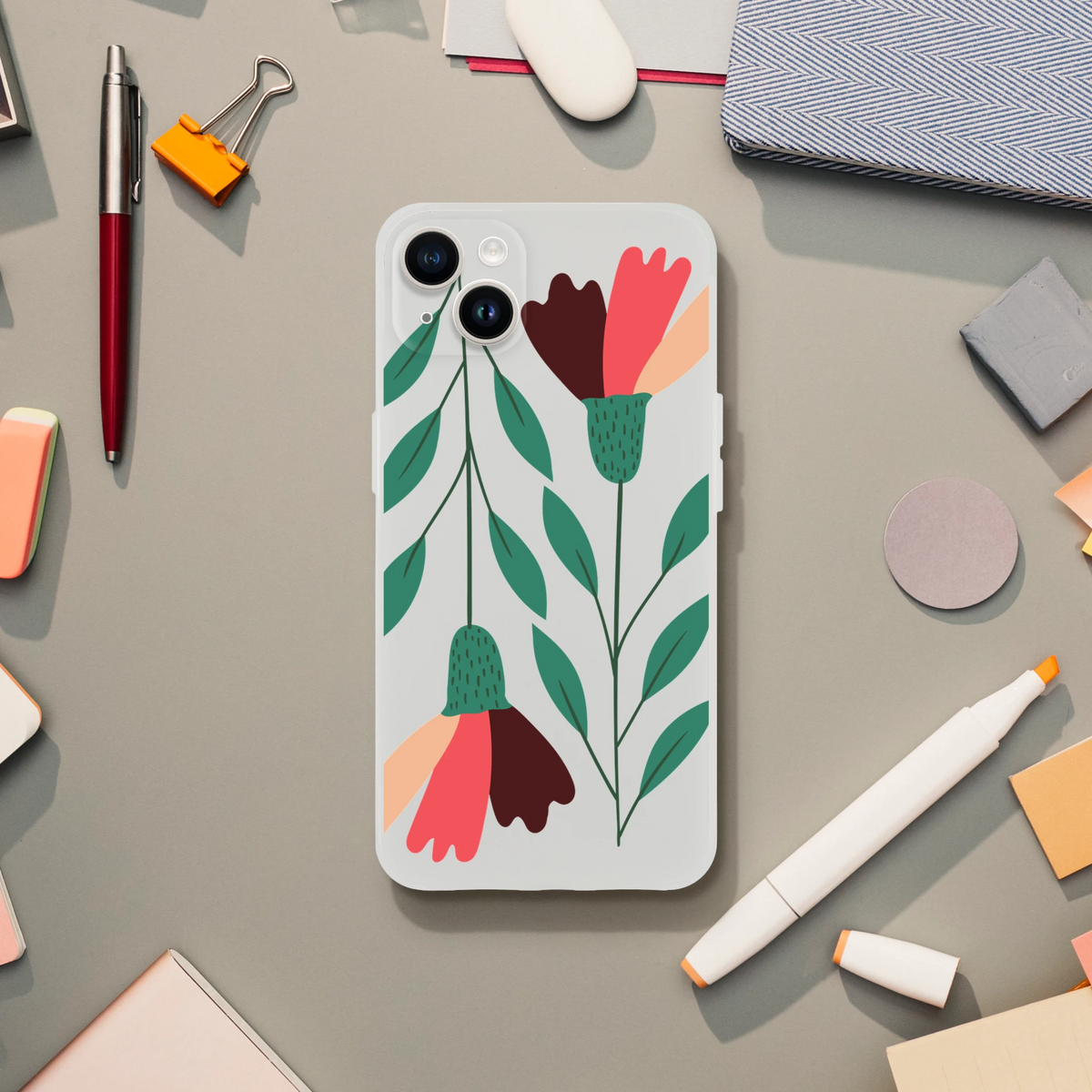 Floral slim protective case for iPhone 13-16; frosted transparent cover with green leaves and colorful petals.