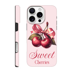 Light pink iPhone case featuring vintage-style red cherries tied with a pink ribbon and "Sweet Cherries" script text.