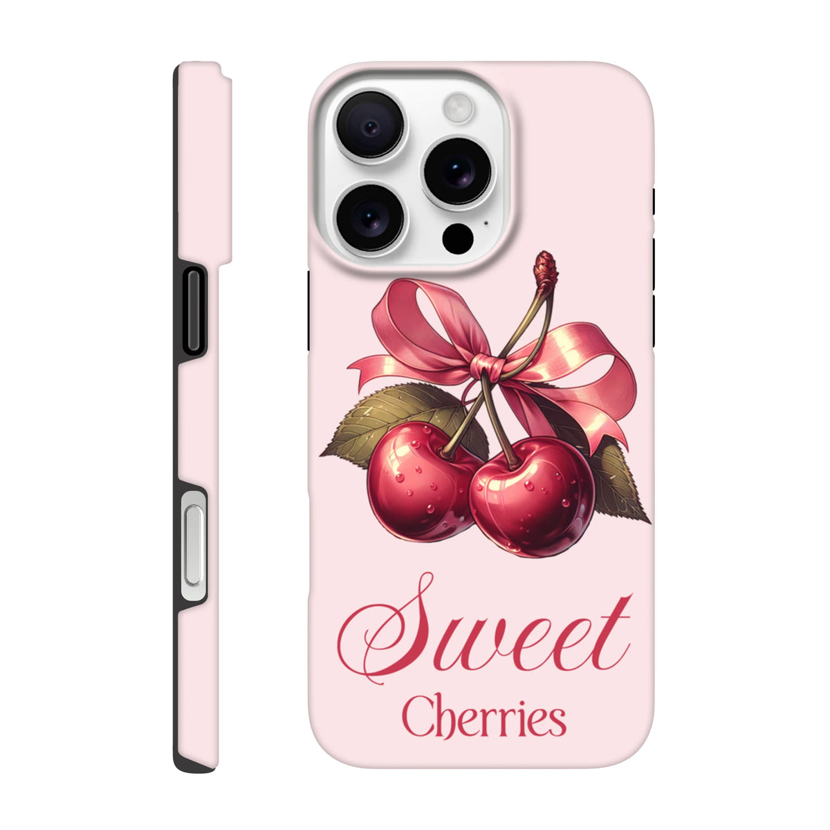 Light pink iPhone case featuring vintage-style red cherries tied with a pink ribbon and "Sweet Cherries" script text.