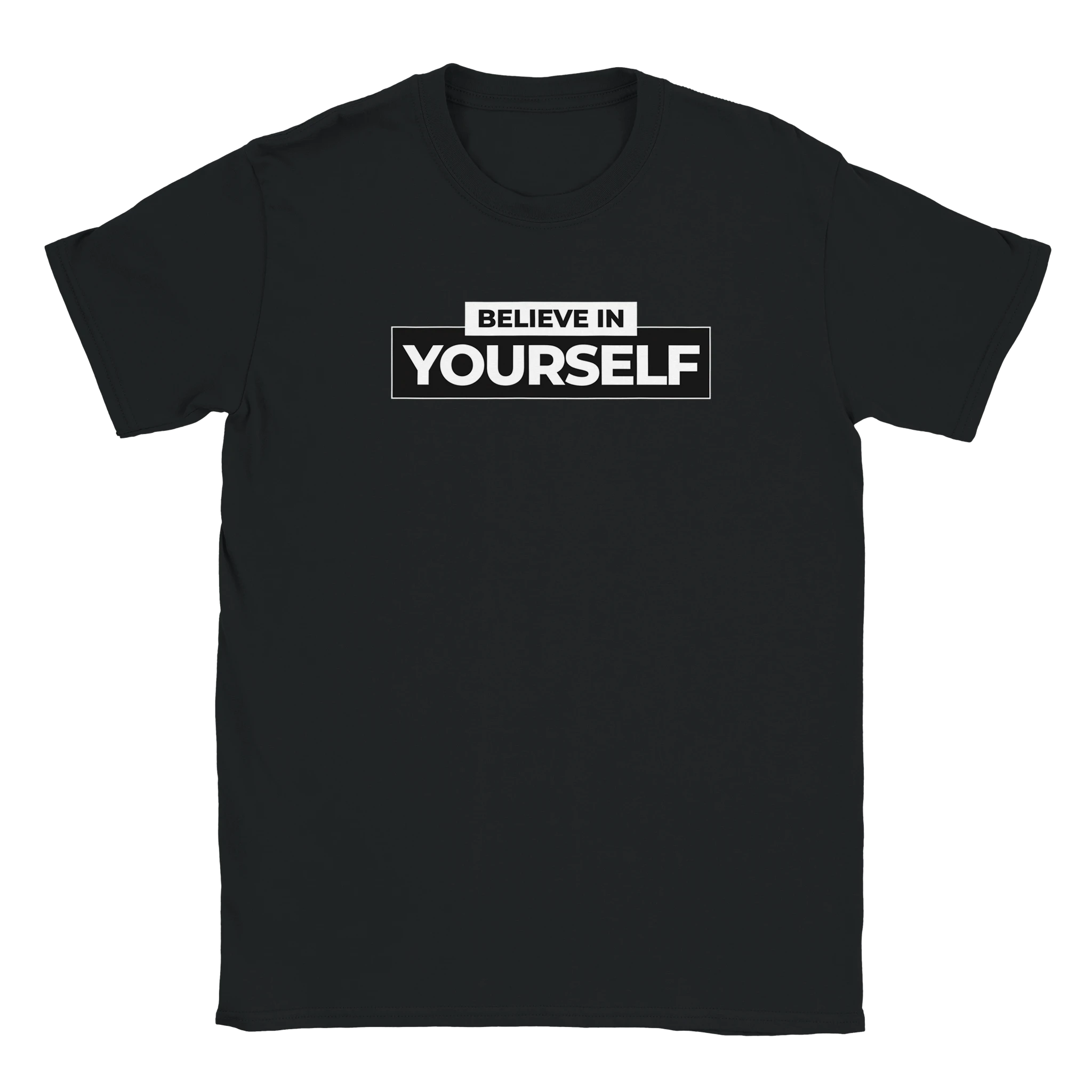 Black women's T-shirt featuring bold BELIEVE IN YOURSELF graphic in white on the front.