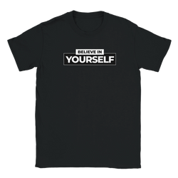 Black women's T-shirt featuring bold BELIEVE IN YOURSELF graphic in white on the front.