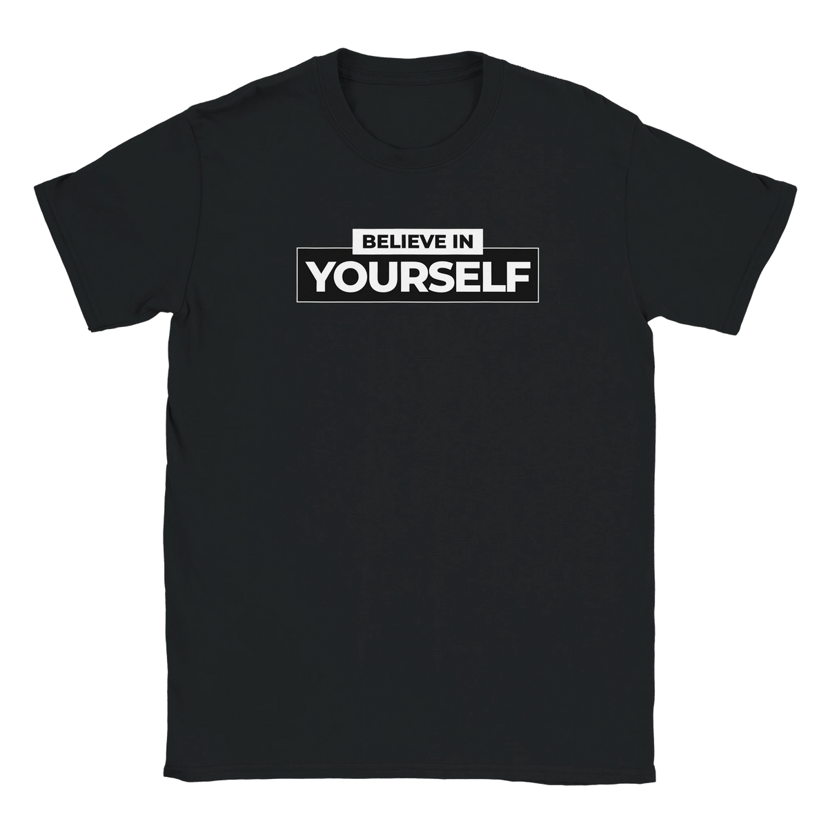 Black women's T-shirt featuring bold BELIEVE IN YOURSELF graphic in white on the front.