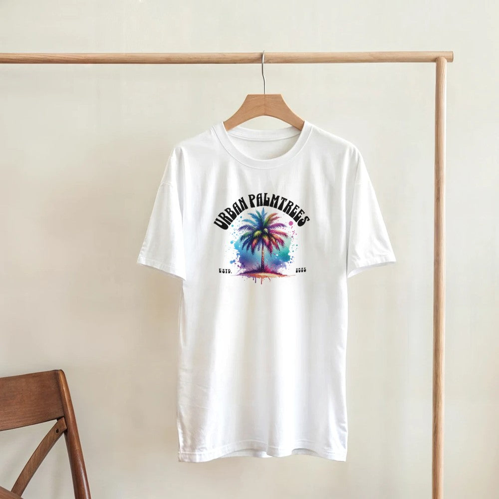White cotton blend graphic tee with colorful palm tree design and Urban Palm Trees lettering
