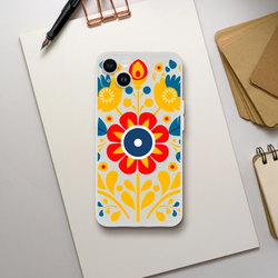 Floral slim protective clear case for iPhone 13-16; bright yellow, red and blue pattern.