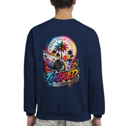 Navy sweatshirt back featuring colorful Tucked Stance car graphic with palm trees and Urban Palm Trees text for petrolhead streetwear.
