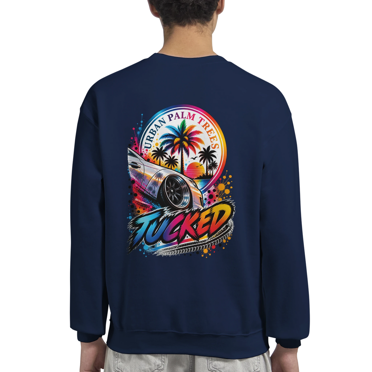 Navy sweatshirt back featuring colorful Tucked Stance car graphic with palm trees and Urban Palm Trees text for petrolhead streetwear.