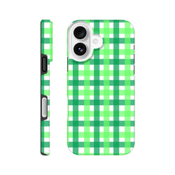 Retro green gingham iPhone case with bold white plaid pattern. Durable tough cover featuring wraparound design for shock protection.
