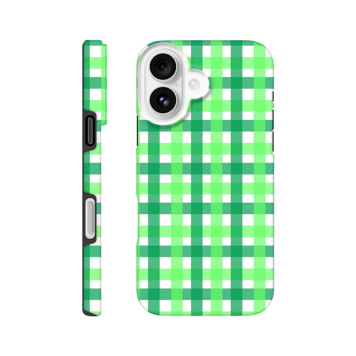 Retro green gingham iPhone case with bold white plaid pattern. Durable tough cover featuring wraparound design for shock protection.