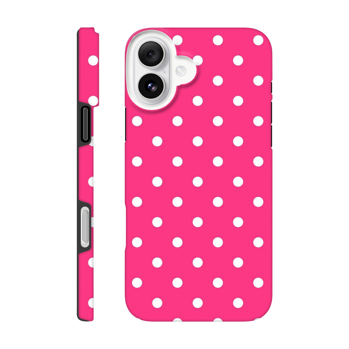 Hot pink iPhone case with white polka dots. Dual-layer tough protection with shock-absorbing TPU for rugged impact resistance and wireless charging.