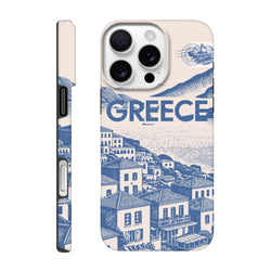 Vintage Greece tough iPhone case featuring a blue Mediterranean village illustration and airmail stamp design.