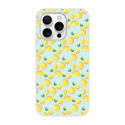 Blue iPhone case with a cute lemon pattern on a light blue background; slim, matte citrus phone cover for iPhone 13-16.