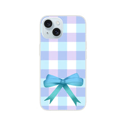 Blue gingham bow iPhone case (13-16) with pastel blue and lavender checks, coquette aesthetic.