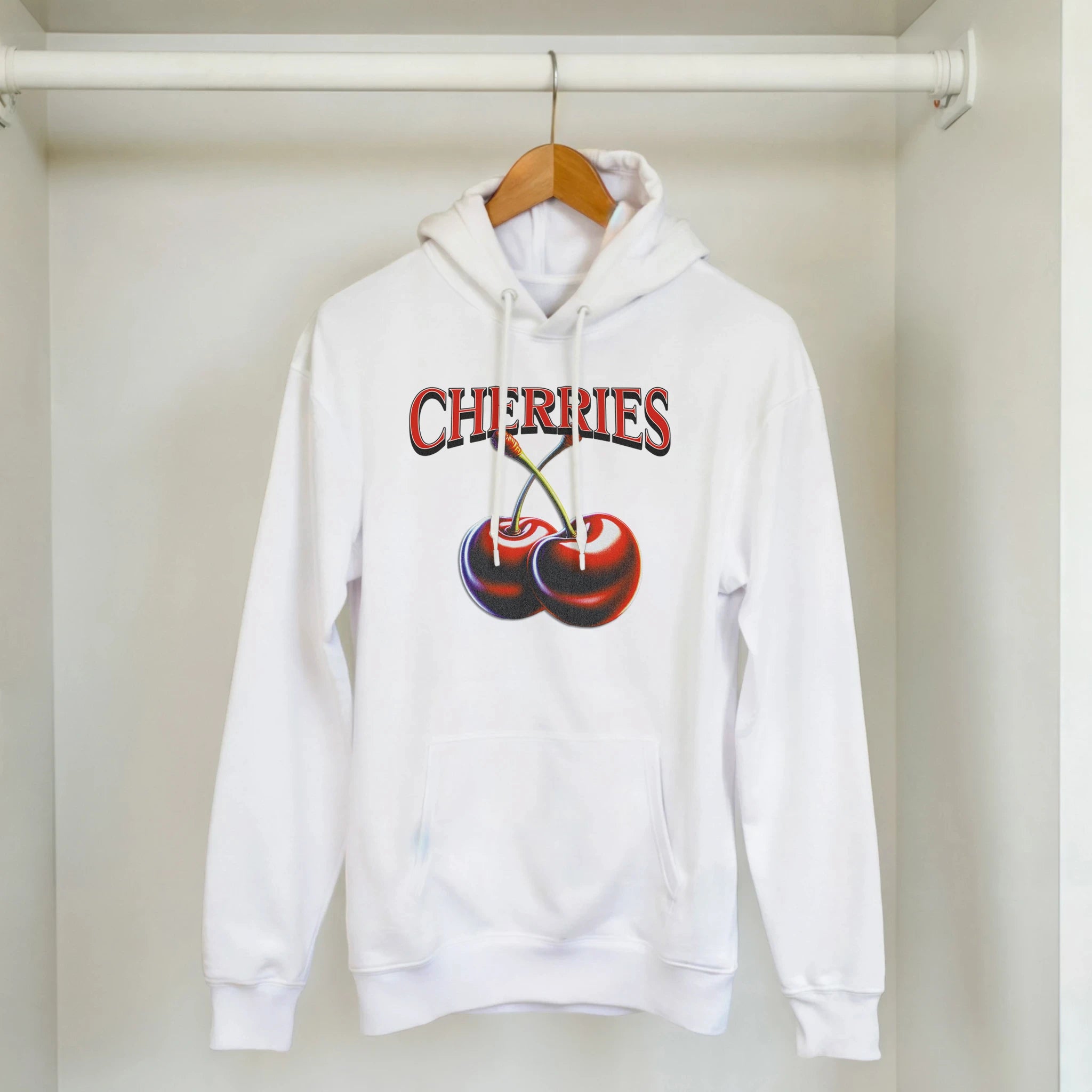White women's Y2K cherries hoodie with bold cherries print and retro cozy aesthetic.