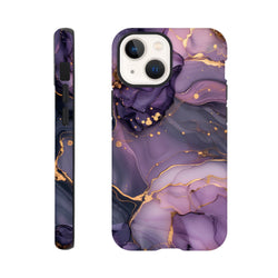 Luxury purple and gold marble iPhone case with abstract fluid design and gold vein accents for models 13-16.
