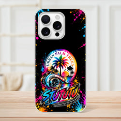 Turbo car culture iPhone case featuring a vibrant turbocharger, colorful Urban Palm Trees sunset graphic, and paint splatters on a black background.