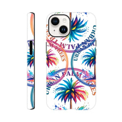 Vibrant Urban Palm Trees iPhone case featuring colorful tropical palm leaves and circular streetwear text on a white background.