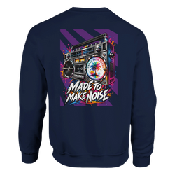 Retro navy sweatshirt featuring colorful boomback print with palm tree graphic and "Made to Make Noise" graffiti text.
