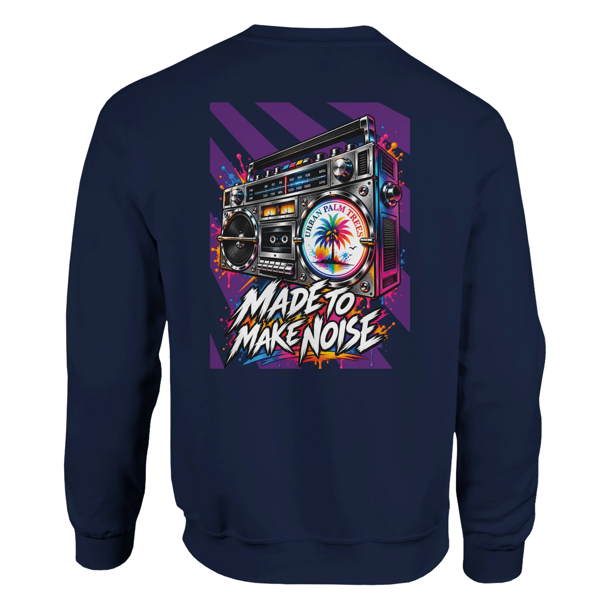 Retro navy sweatshirt featuring colorful boomback print with palm tree graphic and "Made to Make Noise" graffiti text.