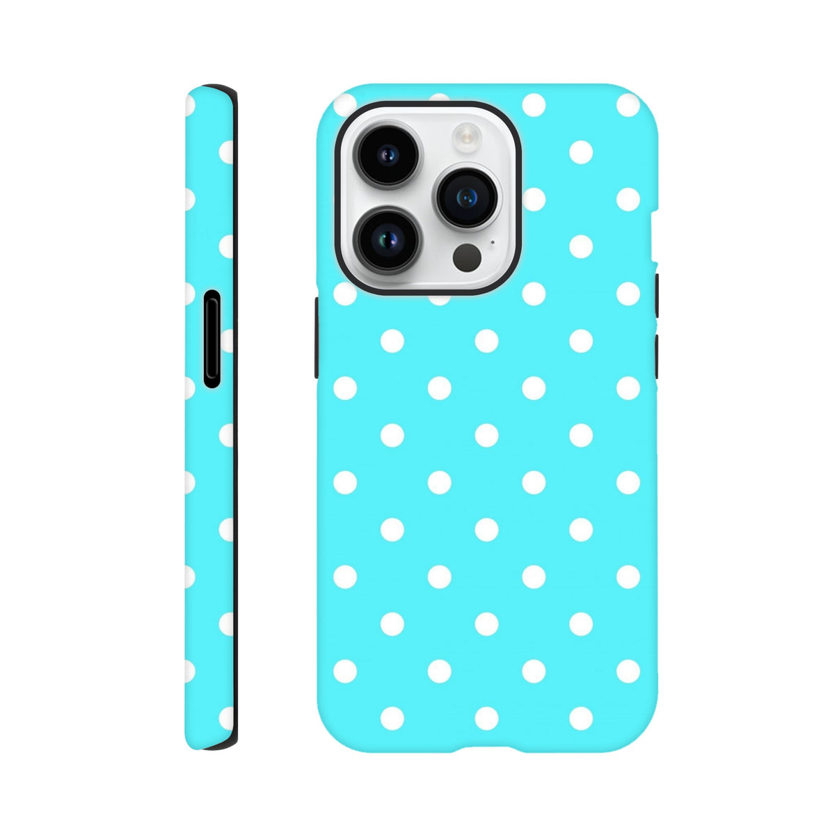Turquoise and white polka dot tough iPhone case with drop protection and glossy pop art finish.