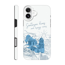 White tough iPhone case featuring a blue Santorini domed church illustration and "Santorini blues and breezy views" text.
