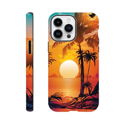 Retro tropical sunset iPhone case featuring palm tree silhouettes, orange sun, and beach waves for models 13-16.