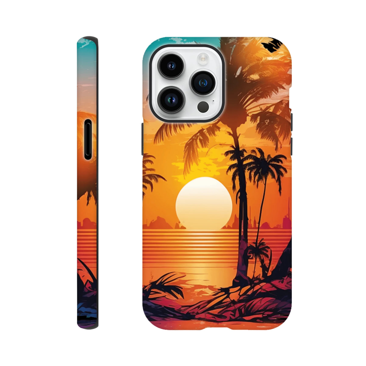 Retro tropical sunset iPhone case featuring palm tree silhouettes, orange sun, and beach waves for models 13-16.