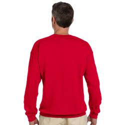 Back view of a man wearing a bright red long-sleeve sweatshirt.