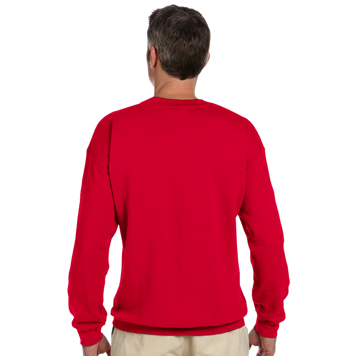Back view of a man wearing a bright red long-sleeve sweatshirt.