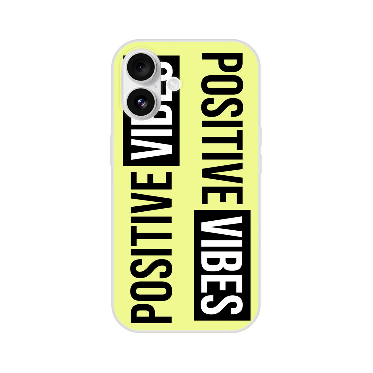Bright lime iPhone case with bold black 'POSITIVE VIBES' slogan for iPhone 13–16