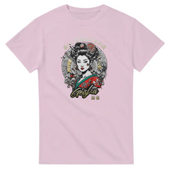 Geisha girl Japanese men's graphic tee on pink shirt with circular backdrop and floral accents.