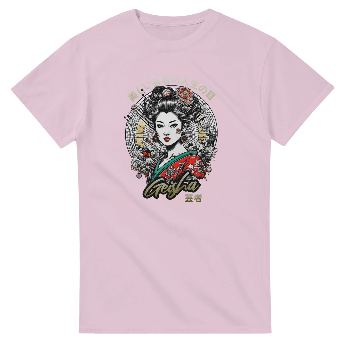 Geisha girl Japanese men's graphic tee on pink shirt with circular backdrop and floral accents.