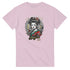 Geisha girl Japanese men's graphic tee on pink shirt with circular backdrop and floral accents.