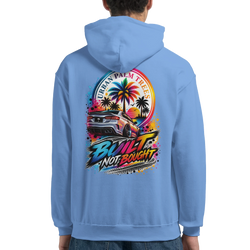 Blue petrolhead hoodie featuring "Built Not Bought" graphic with a modified car, palm trees, and sunset design on the back.