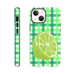Green gingham iPhone case featuring a large citrus lime slice graphic and shock-absorbing tough protection for daily use.