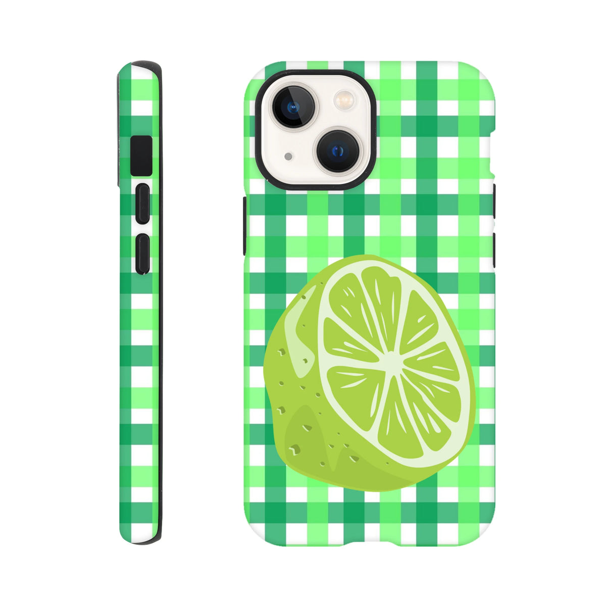 Green gingham iPhone case featuring a large citrus lime slice graphic and shock-absorbing tough protection for daily use.