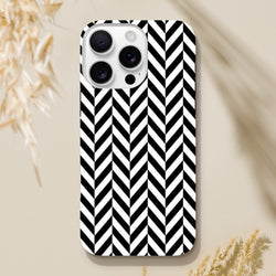 Black and white herringbone geometric iPhone case with tough shock-absorbing shell for models 13-16.